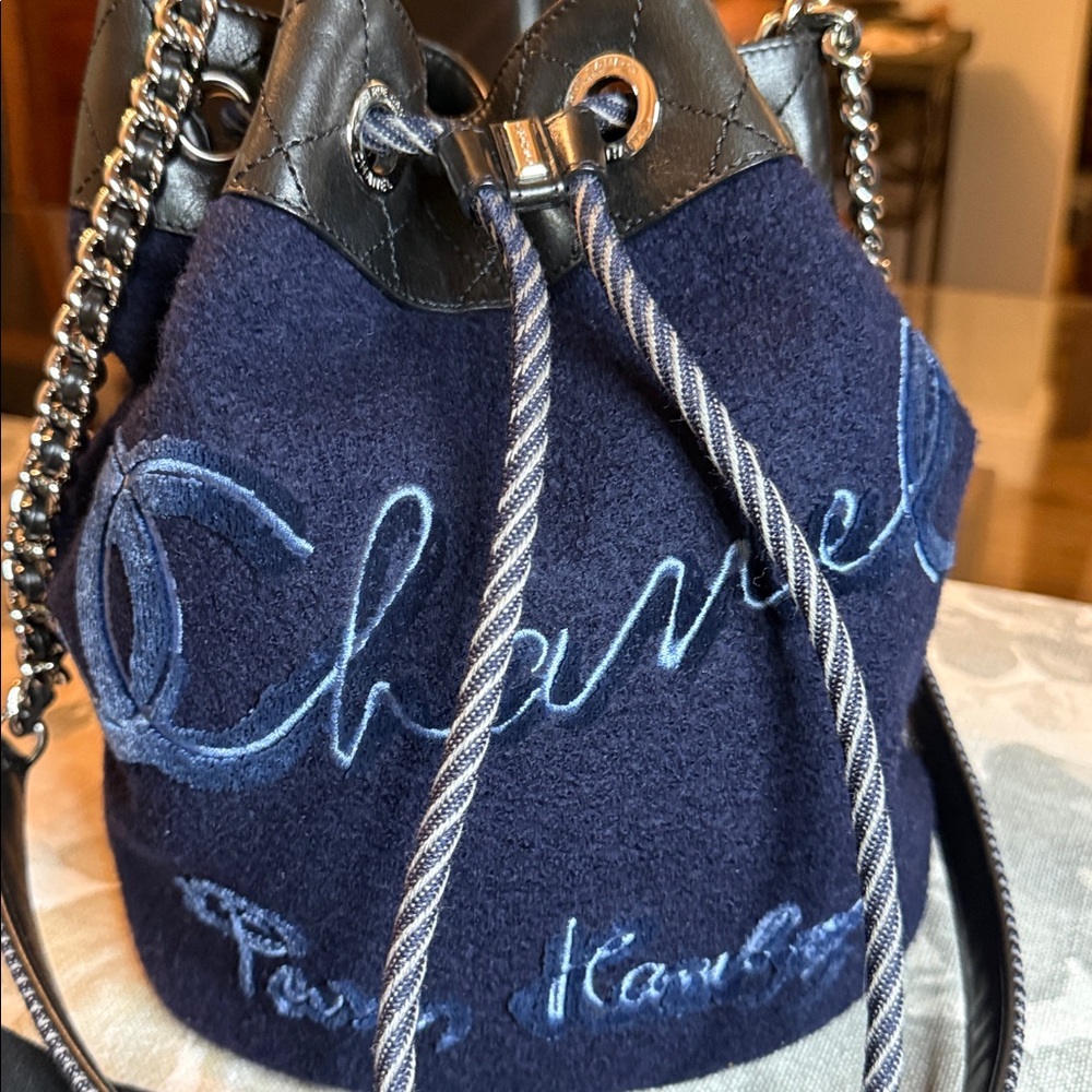 Authentic CHANEL CAMBON Blue Embroidery Matelasse Wool/Leather Bucket-bag-EUC💎 - Picture 6 of 15